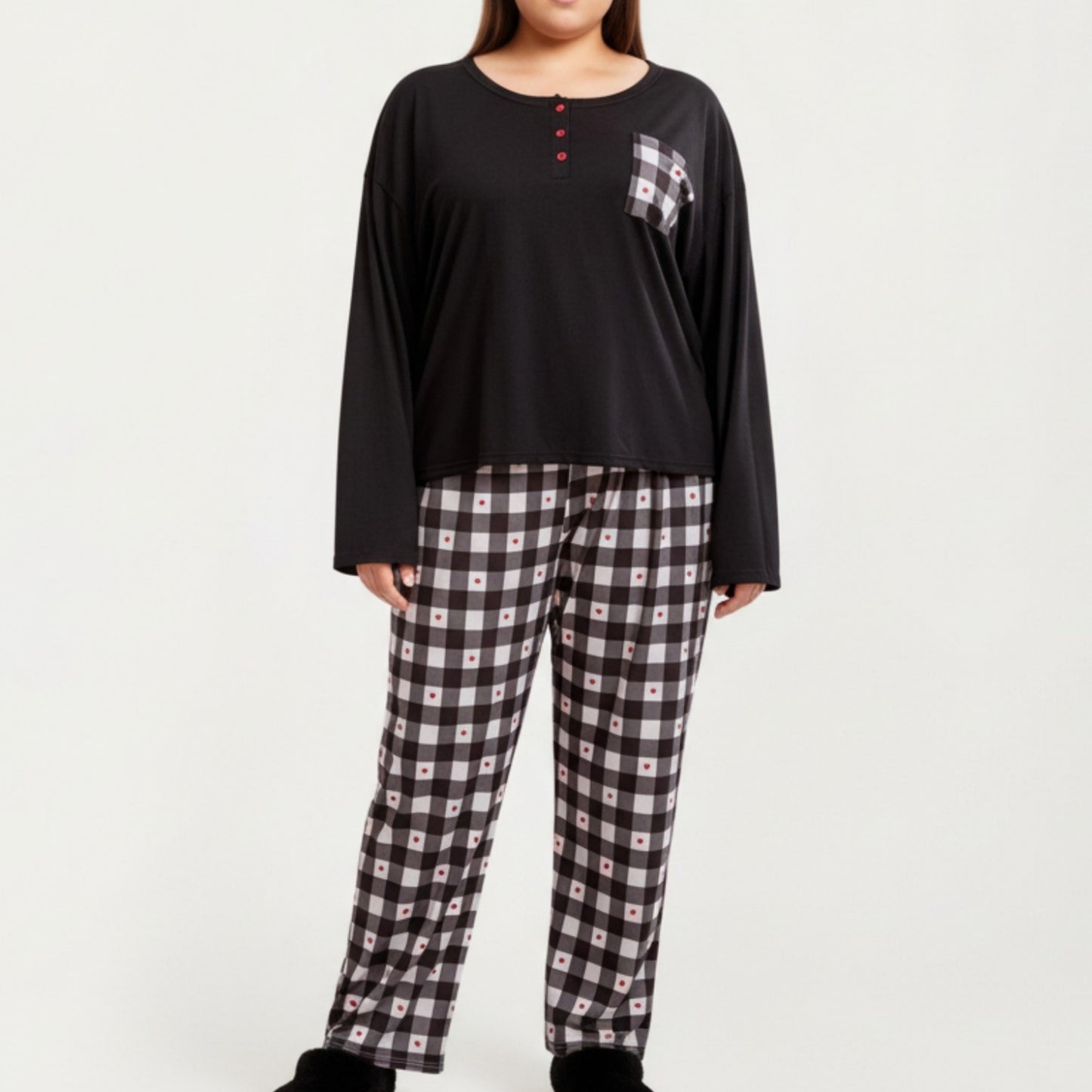 2-Piece Set Long Sleeve Henley Top and Plaid Pajama Pants with Soft Stretch Fabric, Chest Pocket Detail