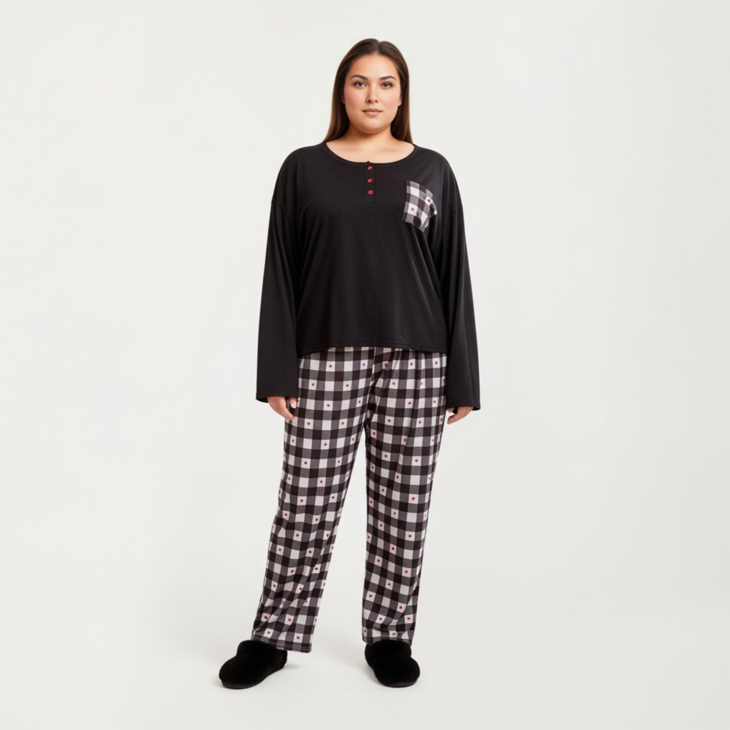 2-Piece Set Long Sleeve Henley Top and Plaid Pajama Pants with Soft Stretch Fabric, Chest Pocket Detail