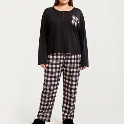 2-Piece Set Long Sleeve Henley Top and Plaid Pajama Pants with Soft Stretch Fabric, Chest Pocket Detail