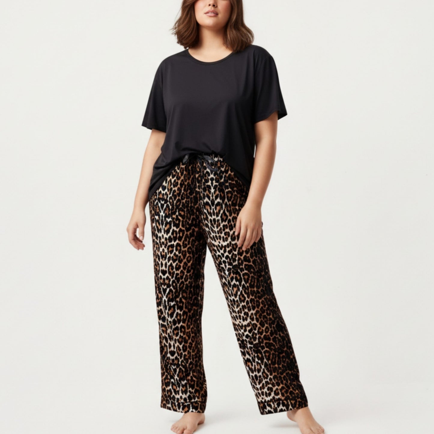 2-Piece Set Short Sleeve Top and Leopard Print Pajama Pants with Stretch Waist Tie and Easy Straight-Leg Fit