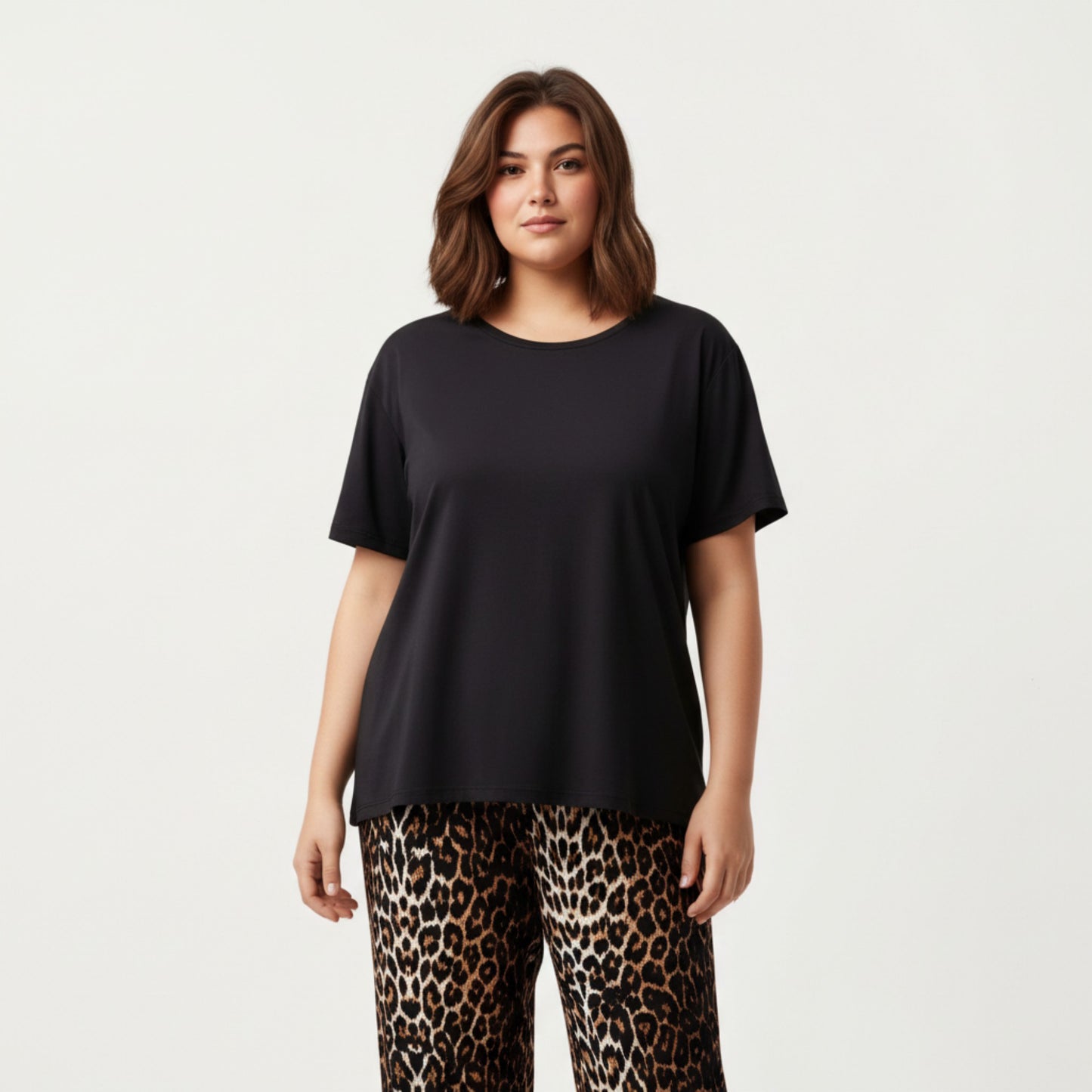 2-Piece Set Short Sleeve Top and Leopard Print Pajama Pants with Stretch Waist Tie and Easy Straight-Leg Fit