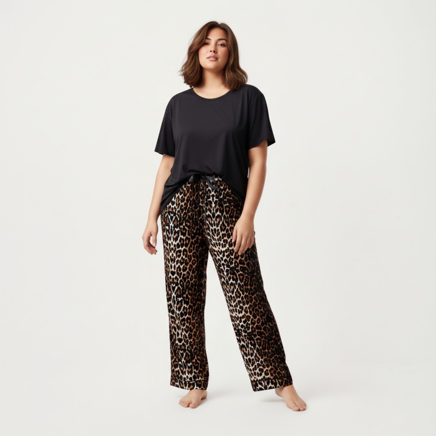 2-Piece Set Short Sleeve Top and Leopard Print Pajama Pants with Stretch Waist Tie and Easy Straight-Leg Fit