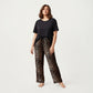 2-Piece Set Short Sleeve Top and Leopard Print Pajama Pants with Stretch Waist Tie and Easy Straight-Leg Fit