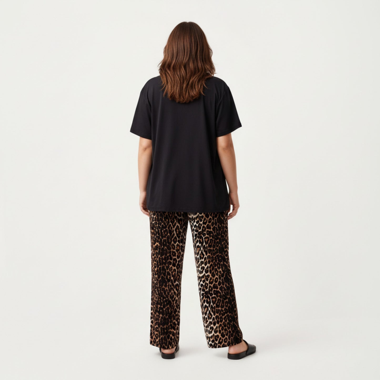 2-Piece Set Short Sleeve Top and Leopard Print Pajama Pants with Stretch Waist Tie and Easy Straight-Leg Fit