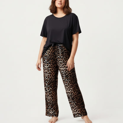 2-Piece Set Short Sleeve Top and Leopard Print Pajama Pants with Stretch Waist Tie and Easy Straight-Leg Fit
