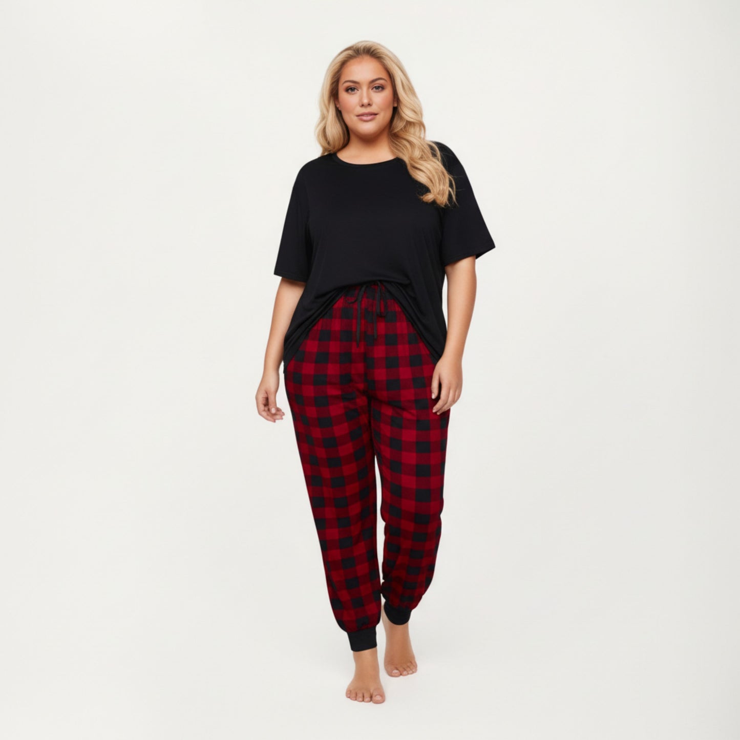 2-Piece Set Short Sleeve Knit Top and Plaid Jogger Pajama Pants with Soft Stretch Fabric and Tapered Fit
