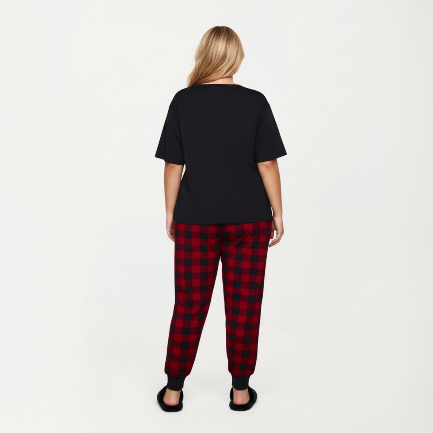 2-Piece Set Short Sleeve Knit Top and Plaid Jogger Pajama Pants with Soft Stretch Fabric and Tapered Fit