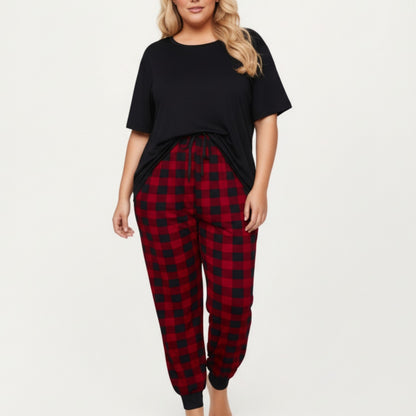 2-Piece Set Short Sleeve Knit Top and Plaid Jogger Pajama Pants with Soft Stretch Fabric and Tapered Fit