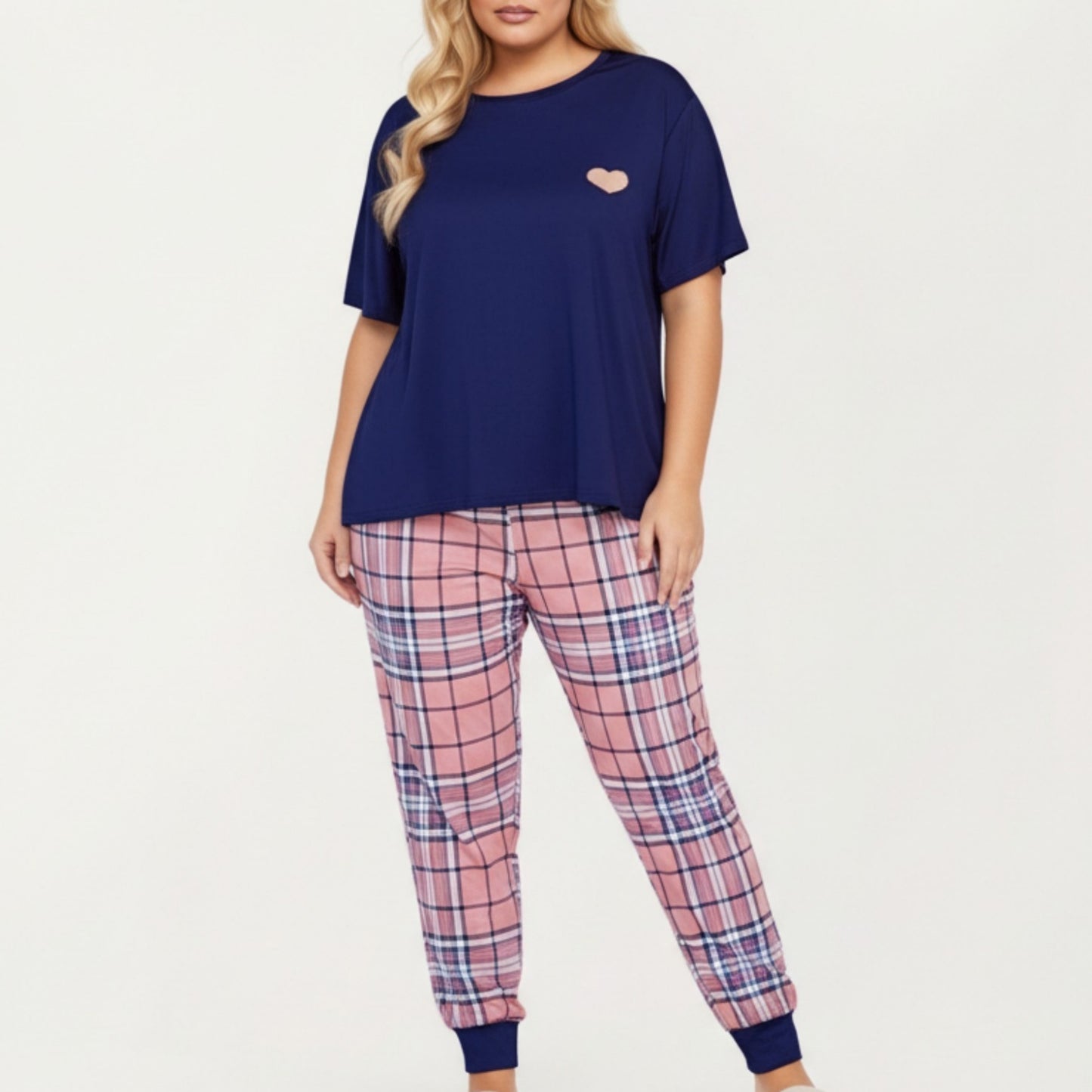 2-Piece Set Short Sleeve Knit Top and Plaid Jogger Pajama Pants with Soft Stretch Fabric and Tapered Fit