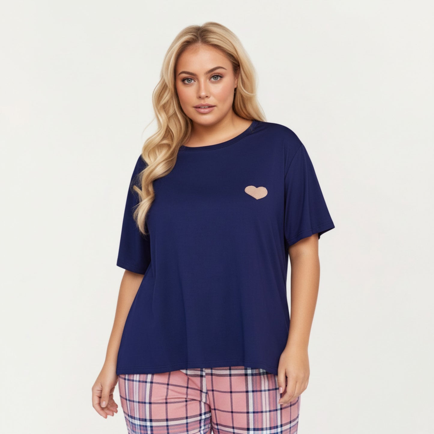 2-Piece Set Short Sleeve Knit Top and Plaid Jogger Pajama Pants with Soft Stretch Fabric and Tapered Fit