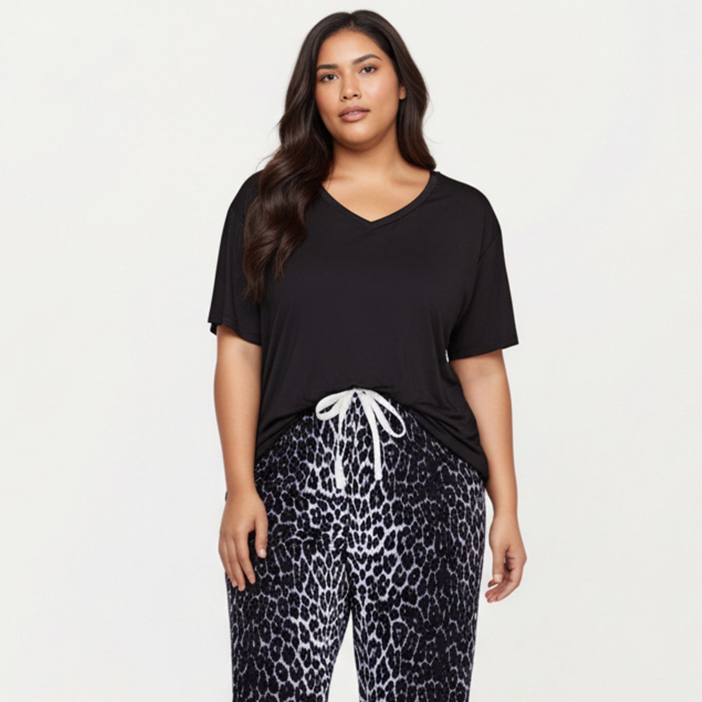 2-Piece Set V-Neck Short Sleeve Top and Leopard Print Pajama Pants with Soft Stretch Fabric