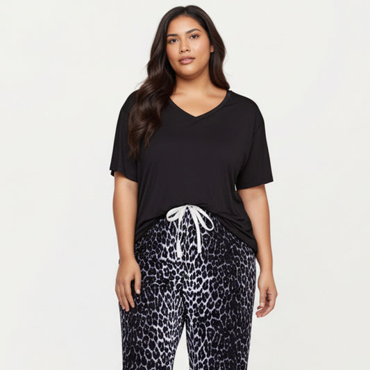 2-Piece Set V-Neck Short Sleeve Top and Leopard Print Pajama Pants with Soft Stretch Fabric