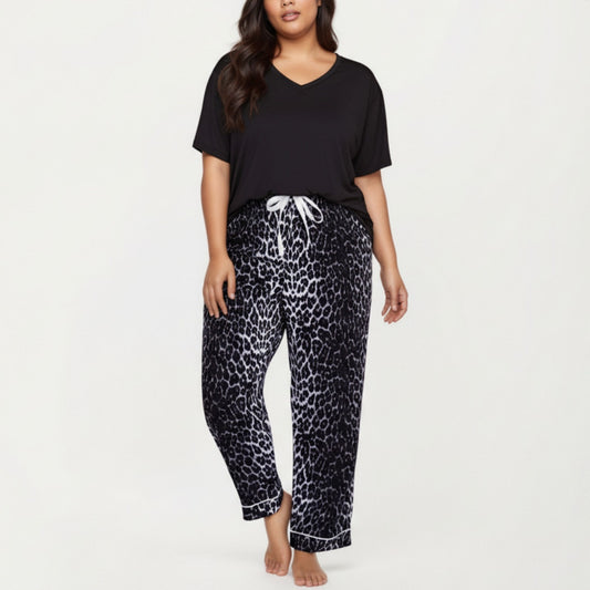 2-Piece Set V-Neck Short Sleeve Top and Leopard Print Pajama Pants with Soft Stretch Fabric