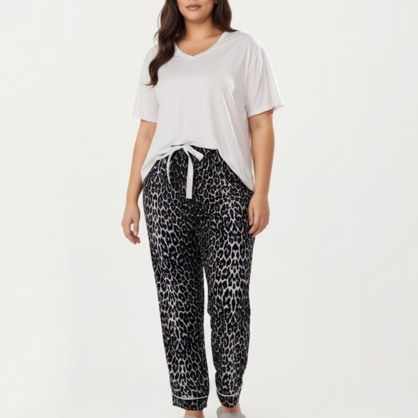 2-Piece Set V-Neck Short Sleeve Top and Leopard Print Pajama Pants with Soft Stretch Fabric