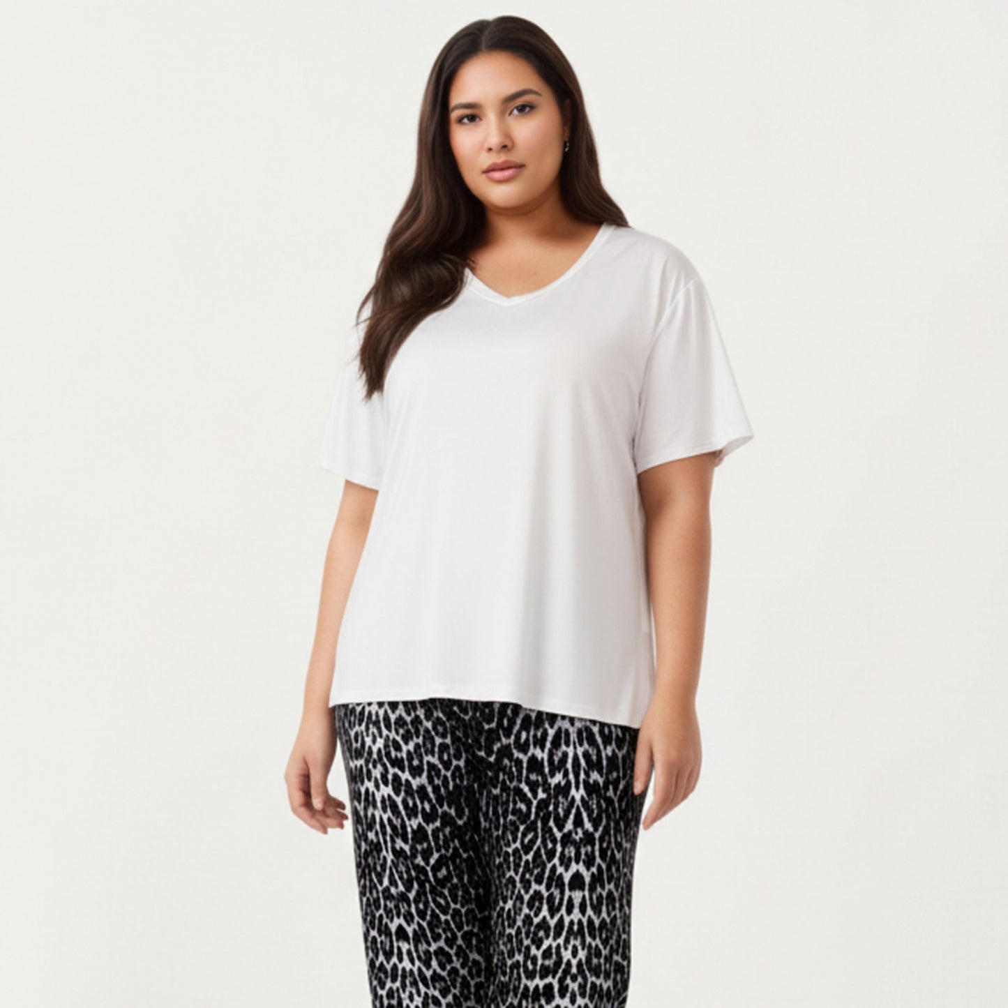 2-Piece Set V-Neck Short Sleeve Top and Leopard Print Pajama Pants with Soft Stretch Fabric