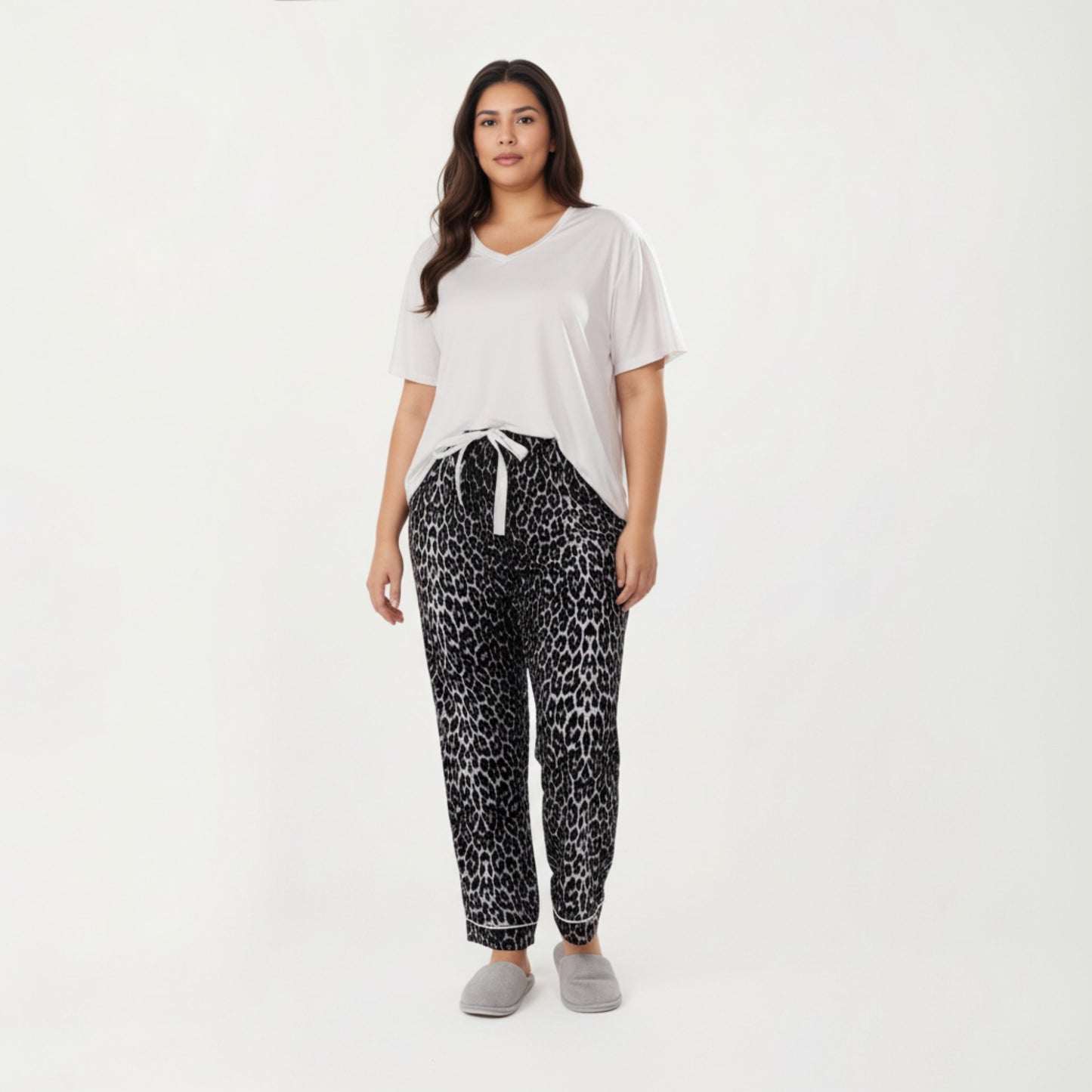 2-Piece Set V-Neck Short Sleeve Top and Leopard Print Pajama Pants with Soft Stretch Fabric