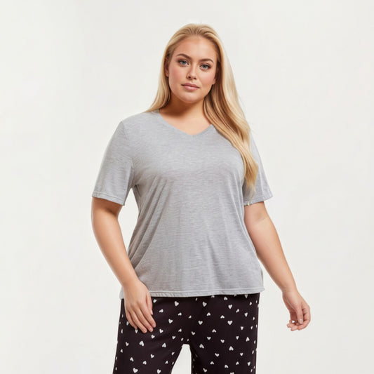 2-Piece Set Soft Knit Short Sleeve Top and Heart Print Capri Pajama Pants with Stretch Waist Tie