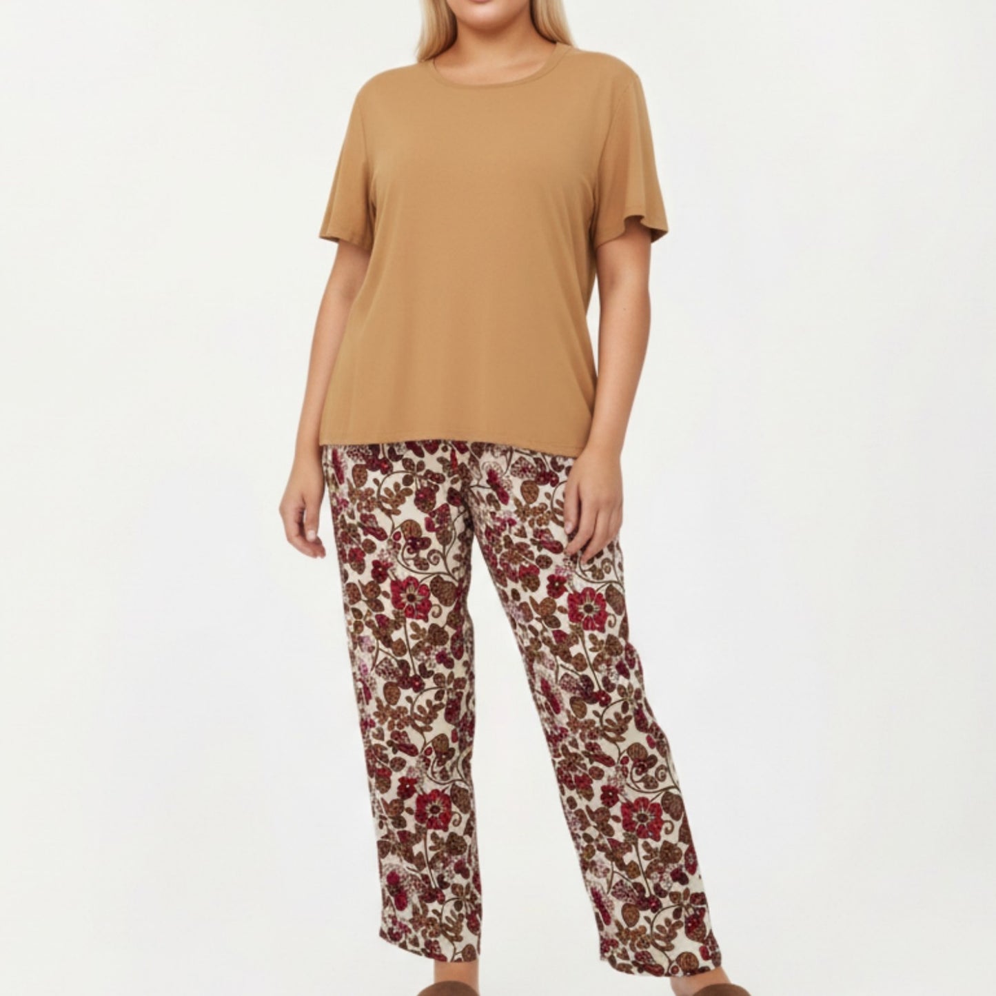 2-Piece Set Short Sleeve Knit Top and Printed Wide-Leg Pajama Pants with Soft Stretch Fabric
