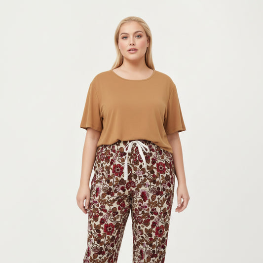 2-Piece Set Short Sleeve Knit Top and Printed Wide-Leg Pajama Pants with Soft Stretch Fabric