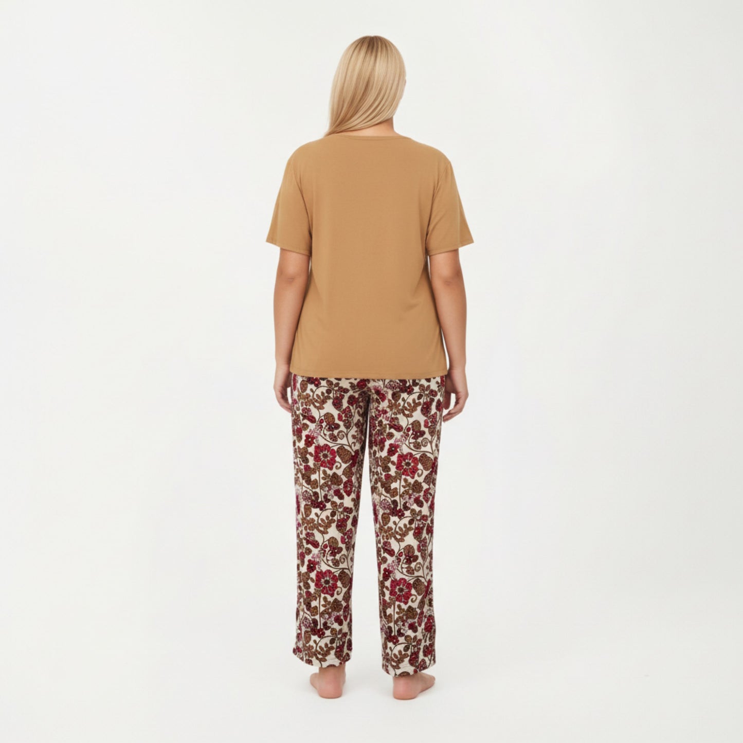 2-Piece Set Short Sleeve Knit Top and Printed Wide-Leg Pajama Pants with Soft Stretch Fabric