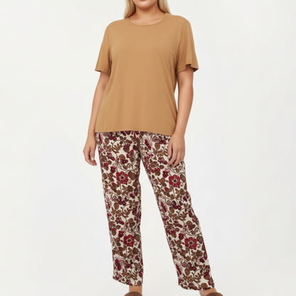 2-Piece Set Short Sleeve Knit Top and Printed Wide-Leg Pajama Pants with Soft Stretch Fabric