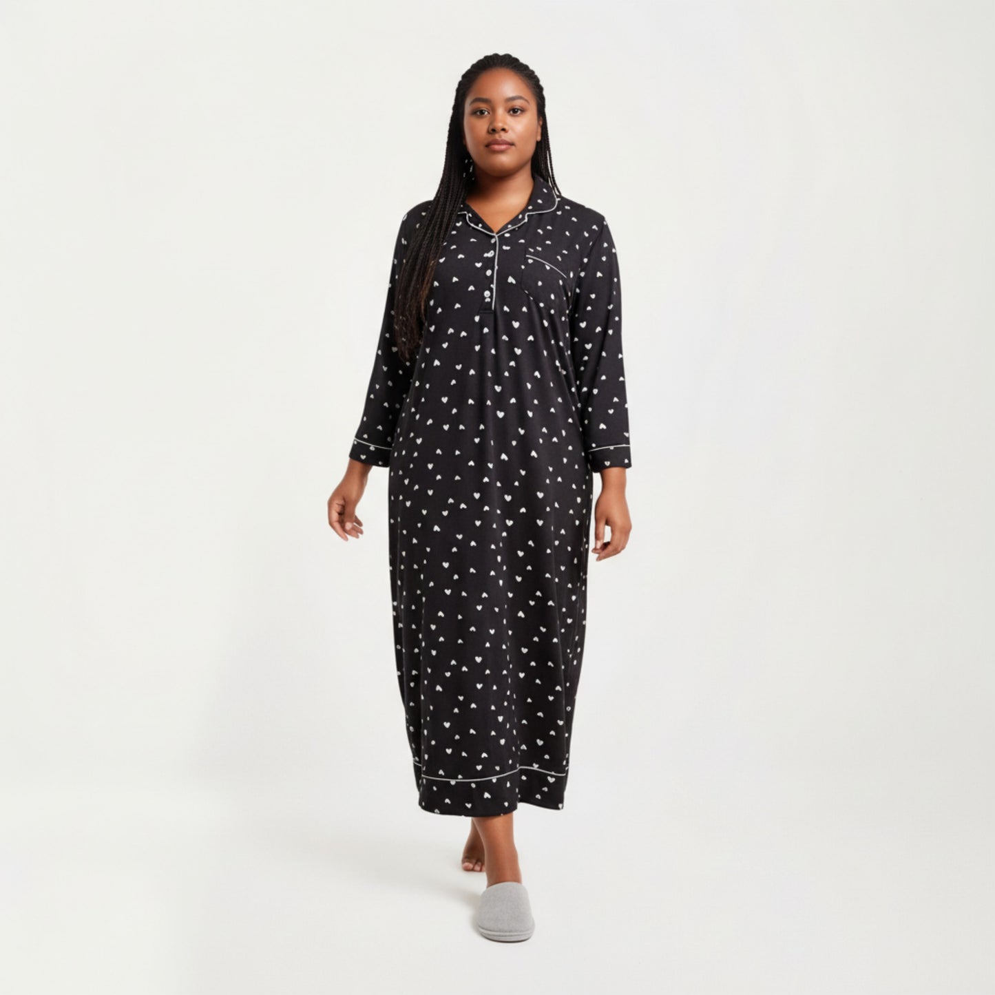 Heart Print Long Sleeve Maxi Nightgown with Soft Stretch Fabric, Classic Piped Collar Detail