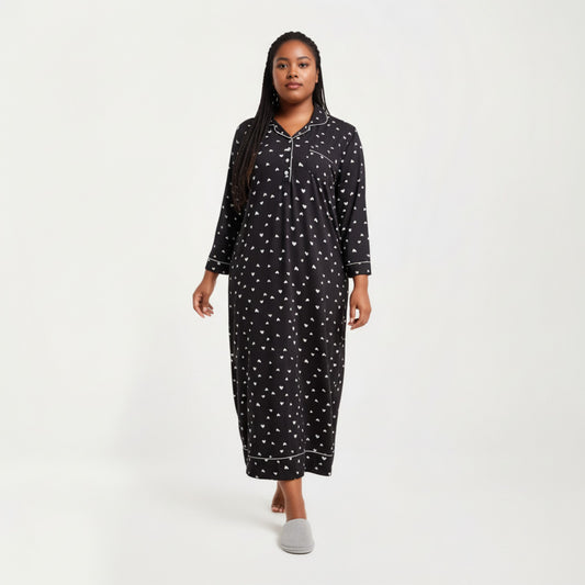 Heart Print Long Sleeve Maxi Nightgown with Soft Stretch Fabric, Classic Piped Collar Detail