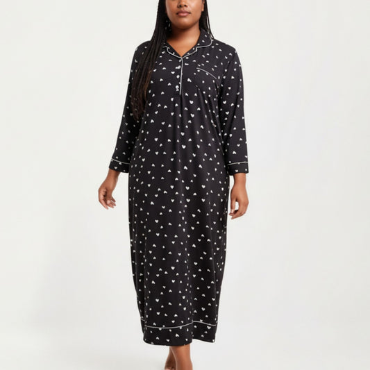 Heart Print Long Sleeve Maxi Nightgown with Soft Stretch Fabric, Classic Piped Collar Detail