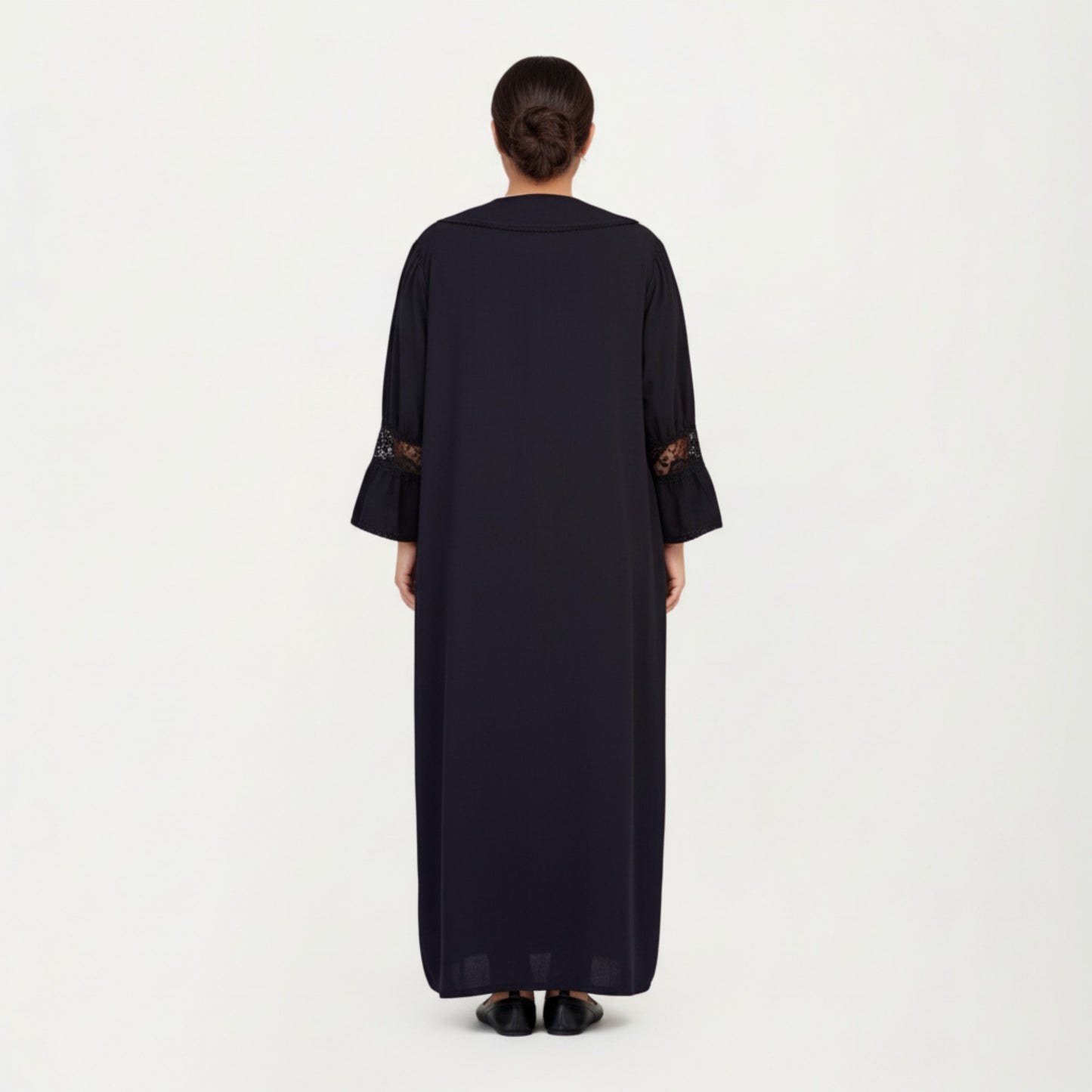 Long Sleeve Maxi Nightgown with Soft Flowing Fabric, Peter Pan Collar Detail and Lace Trim Accents on Sleeves