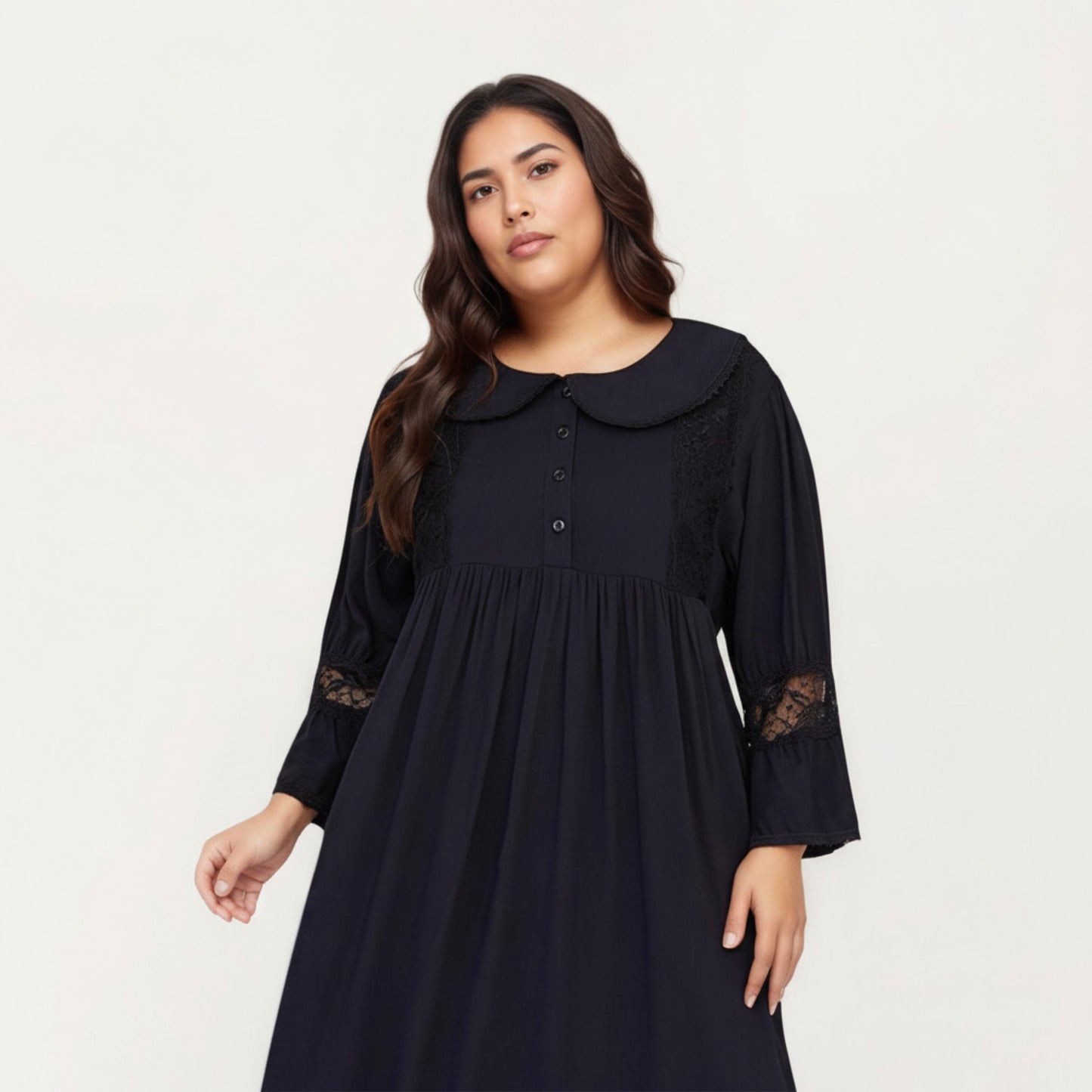 Long Sleeve Maxi Nightgown with Soft Flowing Fabric, Peter Pan Collar Detail and Lace Trim Accents on Sleeves
