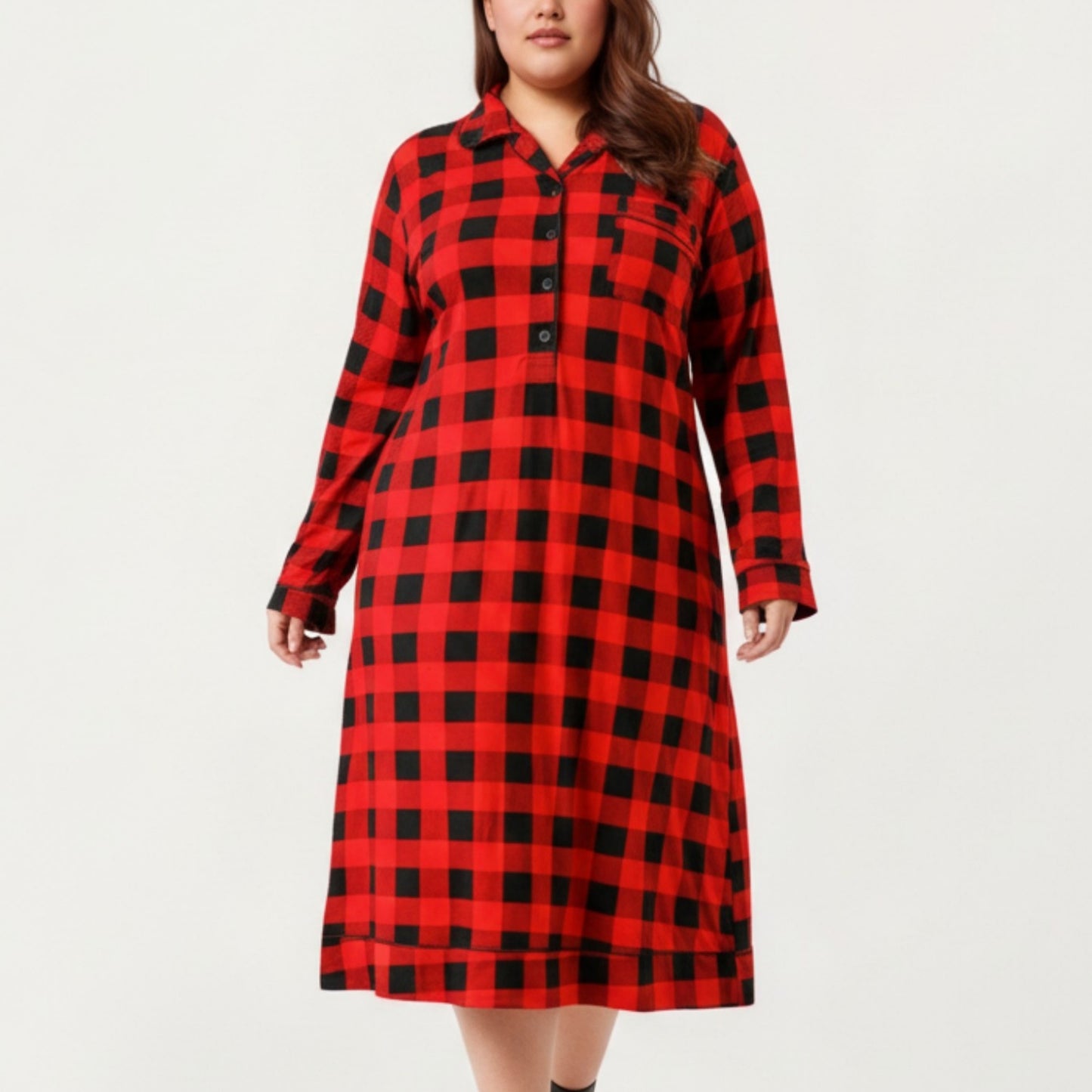 Plaid Long Sleeve Midi Sleep Shirt with Soft Brushed Texture, Button-Front Detail and Relaxed Loose-Fit Silhouette