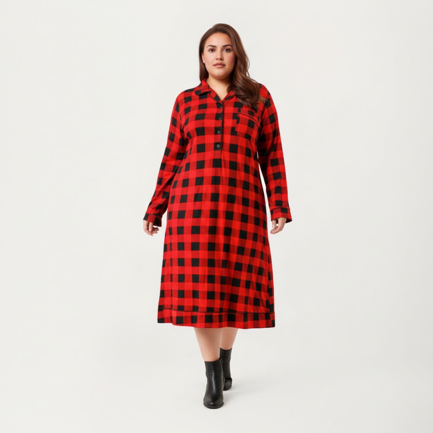 Plaid Long Sleeve Midi Sleep Shirt with Soft Brushed Texture, Button-Front Detail and Relaxed Loose-Fit Silhouette