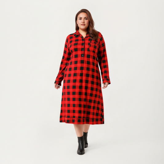 Plaid Long Sleeve Midi Sleep Shirt with Soft Brushed Texture, Button-Front Detail and Relaxed Loose-Fit Silhouette