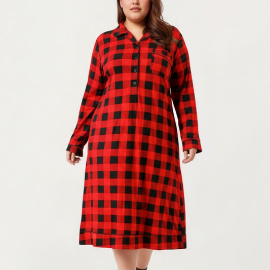 Plaid Long Sleeve Midi Sleep Shirt with Soft Brushed Texture, Button-Front Detail and Relaxed Loose-Fit Silhouette
