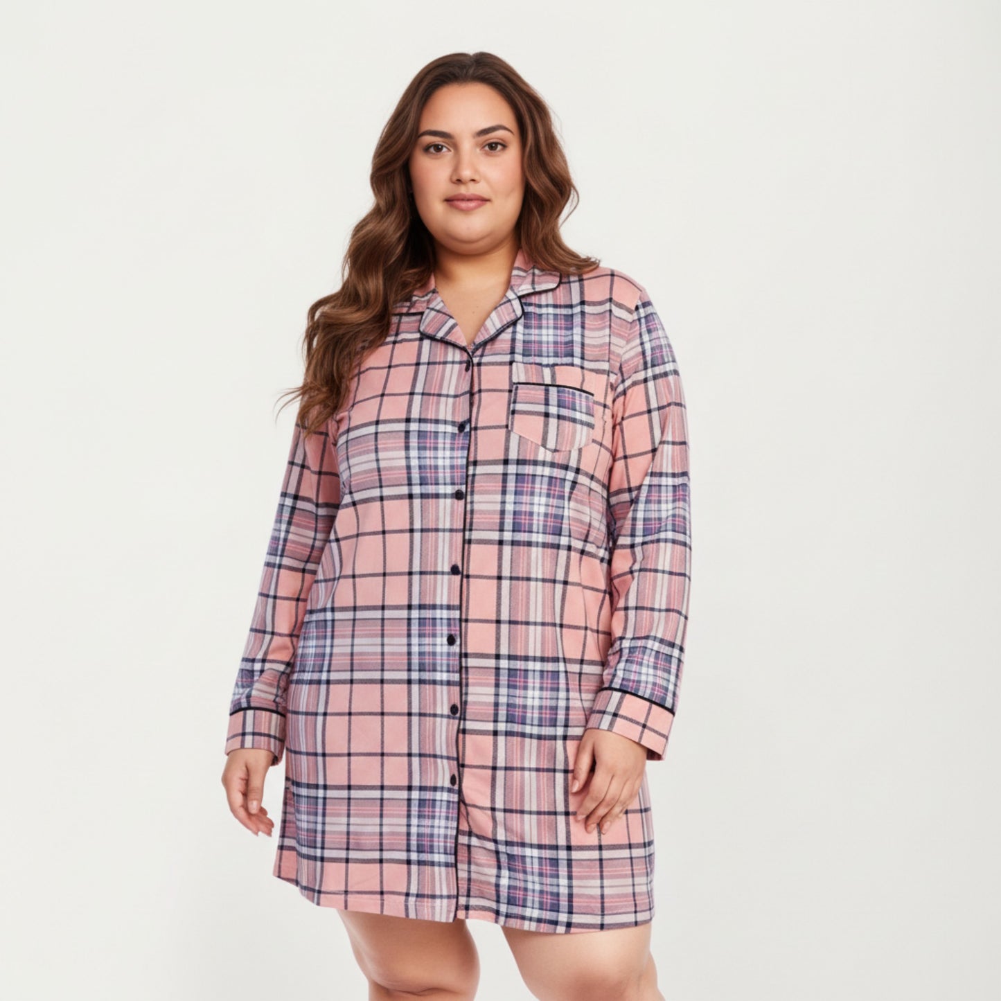 Plaid Long Sleeve Sleep Shirt with Soft Brushed Fabric, Classic Button-Front Design and Above-Knee Silhouette