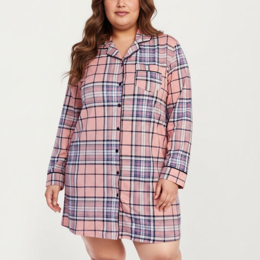 Plaid Long Sleeve Sleep Shirt with Soft Brushed Fabric, Classic Button-Front Design and Above-Knee Silhouette