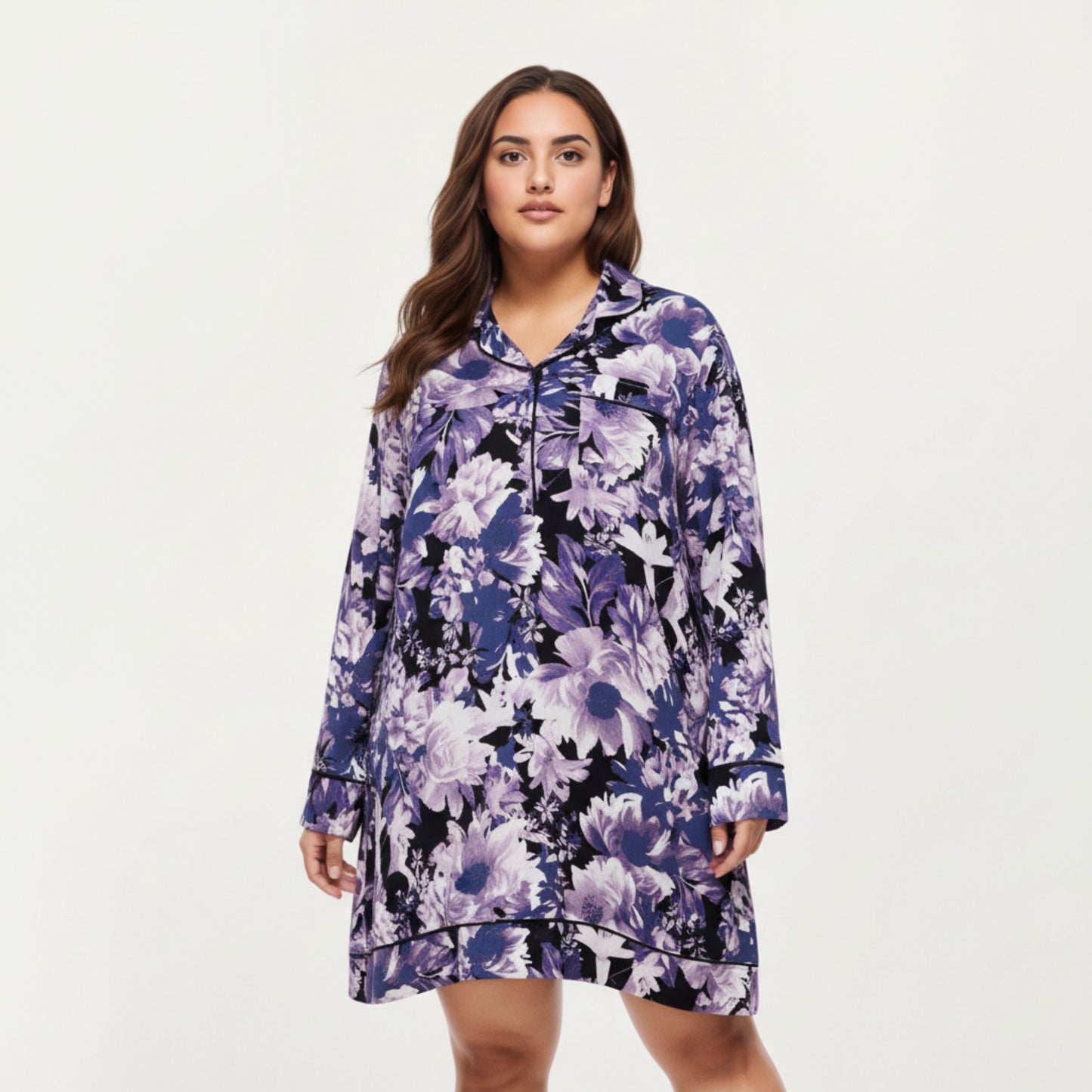 Floral Print Long Sleeve Sleep Shirt with Soft Fabric, Notched Collar Detail and Relaxed Above-Knee Silhouette