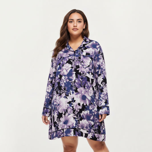 Floral Print Long Sleeve Sleep Shirt with Soft Fabric, Notched Collar Detail and Relaxed Above-Knee Silhouette