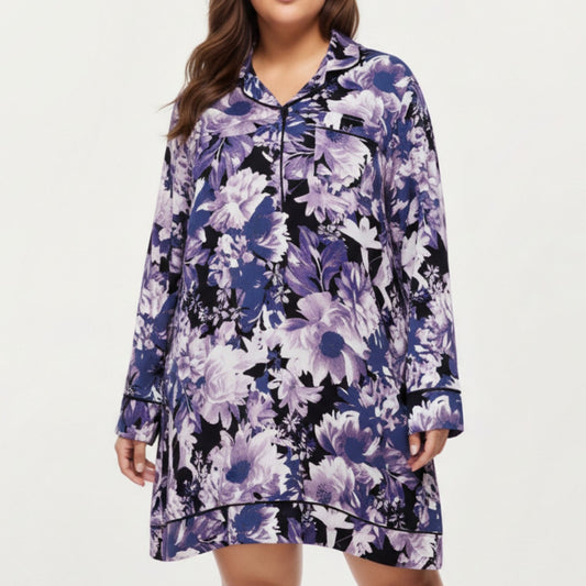 Floral Print Long Sleeve Sleep Shirt with Soft Fabric, Notched Collar Detail and Relaxed Above-Knee Silhouette