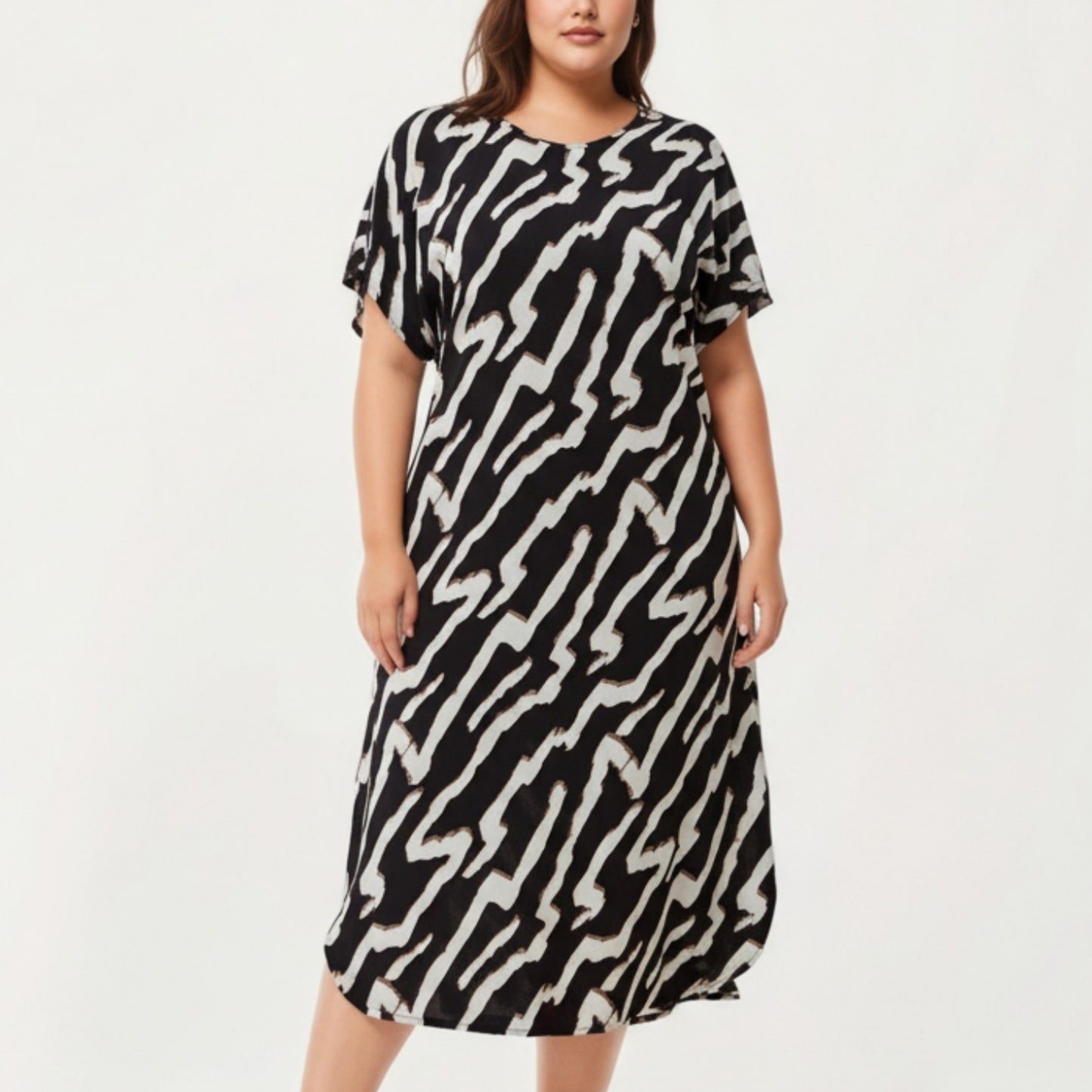 Abstract Print Midi Dress with Soft Draped Silhouette, Relaxed Short Sleeves and Lightweight Fabric Finish