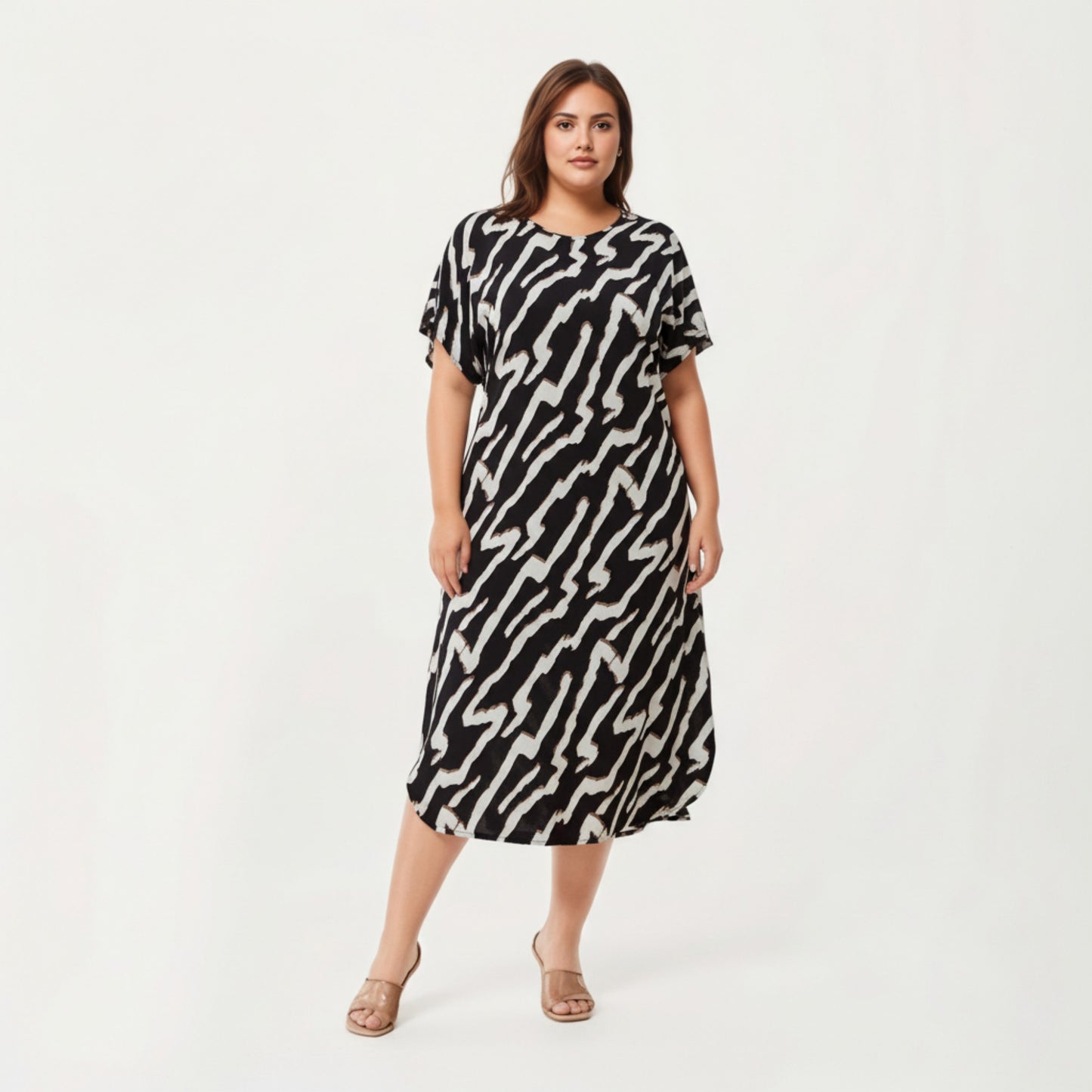 Abstract Print Midi Dress with Soft Draped Silhouette, Relaxed Short Sleeves and Lightweight Fabric Finish
