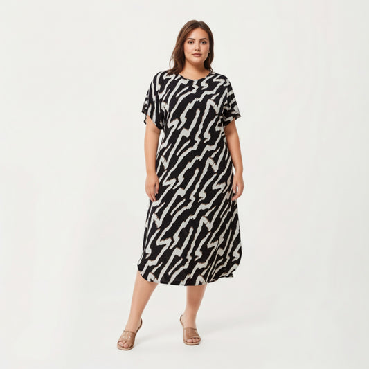 Abstract Print Midi Dress with Soft Draped Silhouette, Relaxed Short Sleeves and Lightweight Fabric Finish