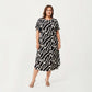 Abstract Print Midi Dress with Soft Draped Silhouette, Relaxed Short Sleeves and Lightweight Fabric Finish