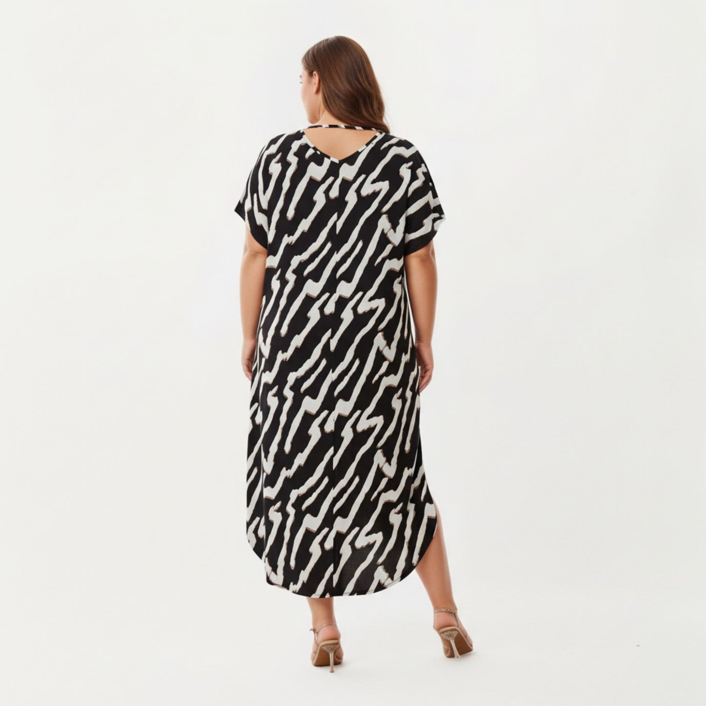 Abstract Print Midi Dress with Soft Draped Silhouette, Relaxed Short Sleeves and Lightweight Fabric Finish