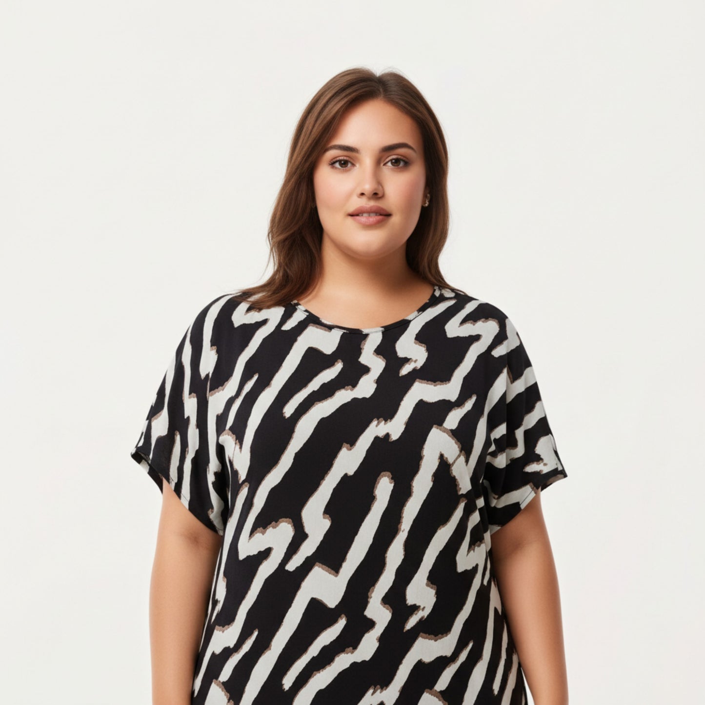 Abstract Print Midi Dress with Soft Draped Silhouette, Relaxed Short Sleeves and Lightweight Fabric Finish