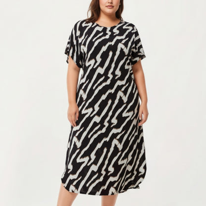 Abstract Print Midi Dress with Soft Draped Silhouette, Relaxed Short Sleeves and Lightweight Fabric Finish