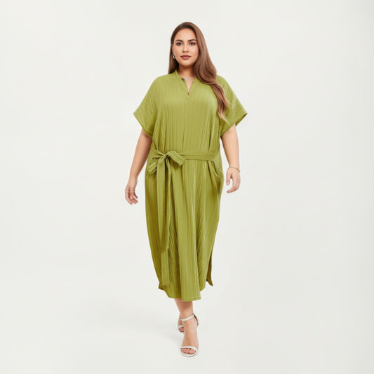 Pleated Midi Dress with Soft Flowing Texture, Relaxed Drop-Shoulder Sleeves and Adjustable Fabric Tie Waist Belt