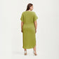Pleated Midi Dress with Soft Flowing Texture, Relaxed Drop-Shoulder Sleeves and Adjustable Fabric Tie Waist Belt