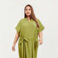 Pleated Midi Dress with Soft Flowing Texture, Relaxed Drop-Shoulder Sleeves and Adjustable Fabric Tie Waist Belt