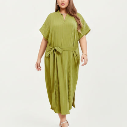 Pleated Midi Dress with Soft Flowing Texture, Relaxed Drop-Shoulder Sleeves and Adjustable Fabric Tie Waist Belt